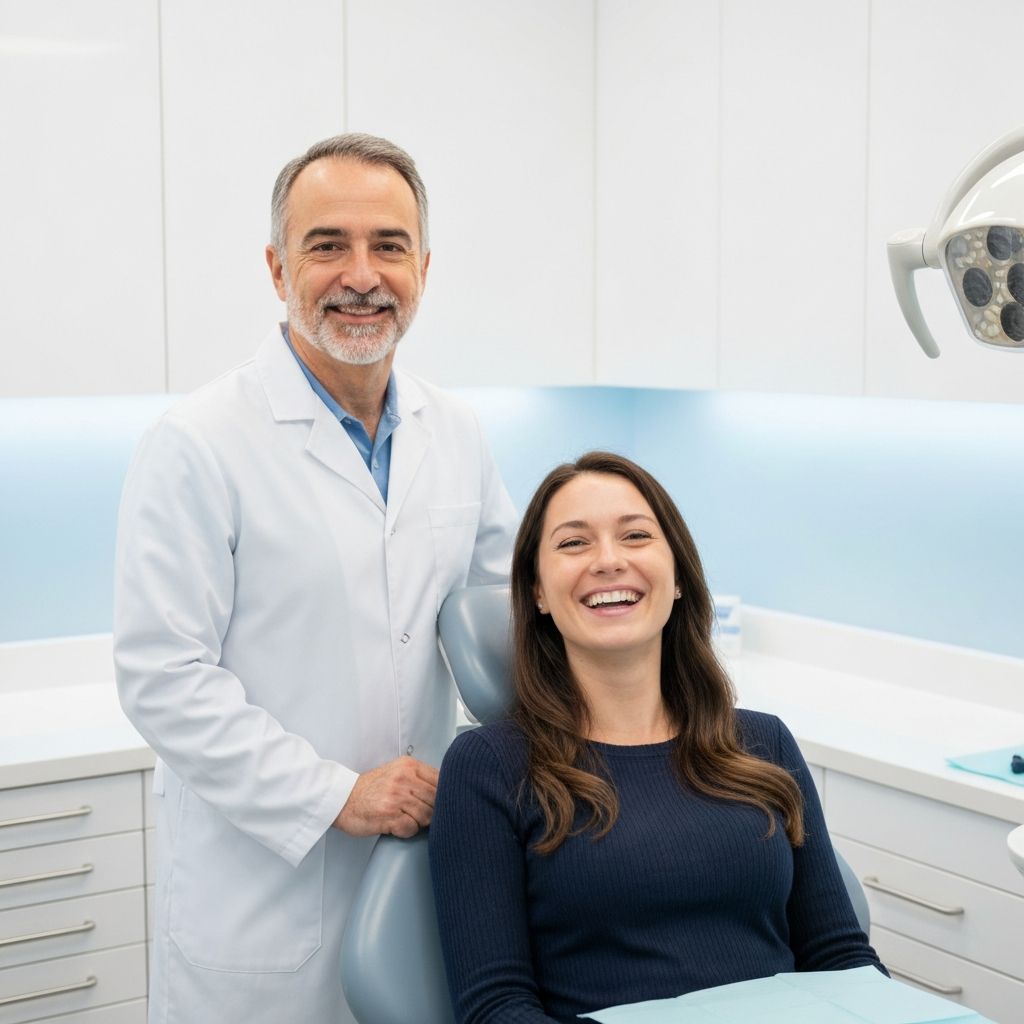 Dentist with happy patient in modern dental clinic